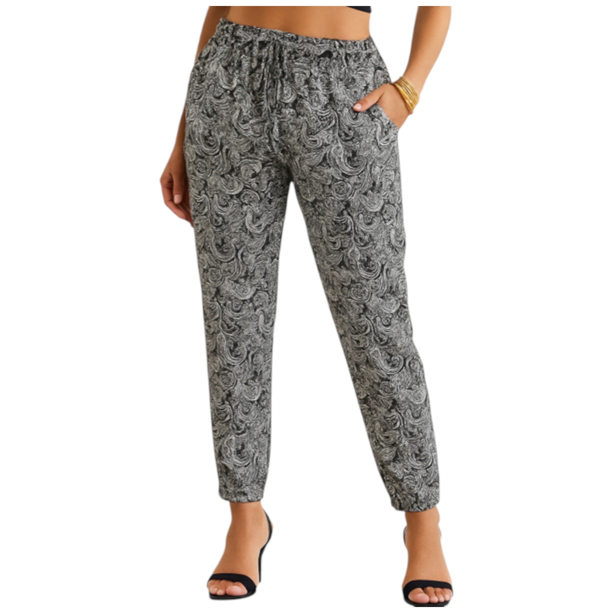 Women's black and white paisley print drawstring trousers with elastic waist and tapered ankle